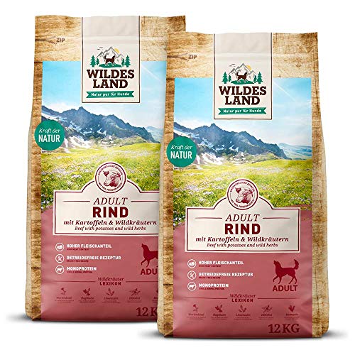 Wildes Land - Nr. 5 Rind - 24 kg - mit Kartoffeln und Wildkräutern - Glutenfrei - Trockenfutter für Hunde - Hundefutter mit hohem Fleischanteil Hohe Verträglichkeit von WILDES LAND