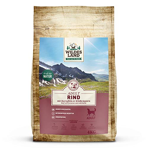 Wildes Land - Nr. 5 Rind - 4 kg - mit Kartoffeln und Wildkräutern - Glutenfrei - Trockenfutter für Hunde - Hundefutter mit hohem Fleischanteil Hohe Verträglichkeit von WILDES LAND