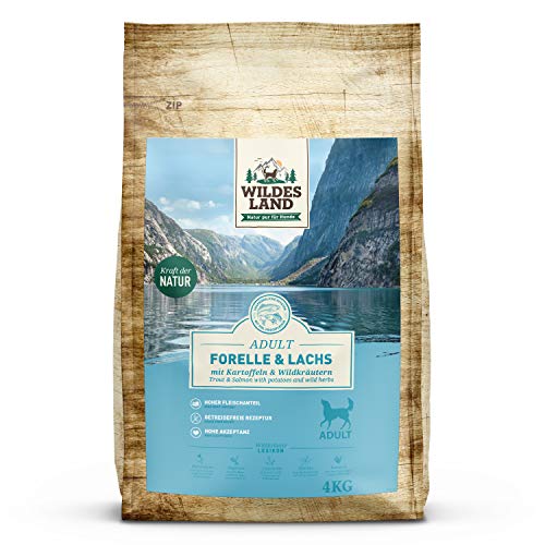 Wildes Land - Nr. 6 Forelle & Lachs - 4 kg - mit Kartoffeln und Wildkräutern - Glutenfrei - Trockenfutter für Hunde - Hundefutter mit hohem Fleischanteil - Hohe Verträglichkeit von WILDES LAND