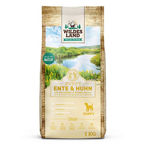 Wildes Land - Nr. 8 Puppy Ente & Huhn - 1 kg - mit Kartoffeln und Wildkräutern - Glutenfrei - Trockenfutter für Hunde - Hundefutter mit hohem Fleischanteil - Hohe Verträglichkeit von WILDES LAND