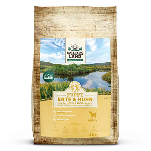 Wildes Land - Nr. 8 Puppy Ente & Huhn - 4 kg - mit Kartoffeln und Wildkräutern - Glutenfrei - Trockenfutter für Hunde - Hundefutter mit hohem Fleischanteil - Hohe Verträglichkeit von WILDES LAND