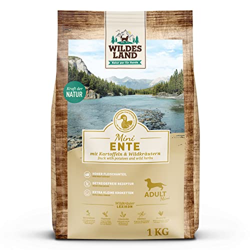 Wildes Land - Nr. 9 Ente Mini - 1 kg - mit Kartoffeln und Wildkräutern - Glutenfrei - Trockenfutter für Hunde - Hundefutter mit hohem Fleischanteil - Hohe Verträglichkeit von WILDES LAND