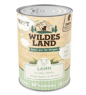 Wildes Land - Puppy Lamm - 24 x 400 g - Mit Reis, Distelöl und Wildkräutern- Nassfutter für Hunde - Hoher Fleischanteil - Glutenfreies Hundefutter von WILDES LAND