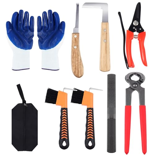 WILLBOND 9 Pcs 8 Zoll Hufwerkzeug Kits Ziege Hufschneider Raspel Huffeile Ziege Schwein Pferde Metallschere Hufzange Cutter Griff Messer Hufeisen Bürste Handschuhe Ziege Zubehör von WILLBOND