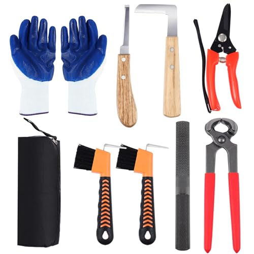 WILLBOND 9 Pcs 8 Zoll Hufwerkzeug Kits Ziege Hufschneider Raspel Huffeile Ziege Schwein Pferde Metallschere Hufzange Cutter Griff Messer Hufeisen Bürste Handschuhe Ziege Zubehör von WILLBOND