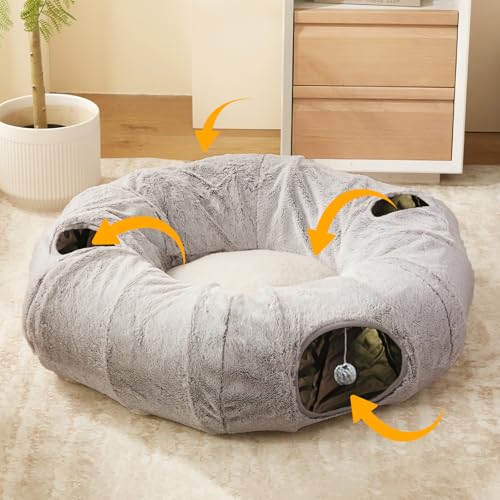 Katzentunnelbett für Indoor-Katzen – niedlicher Katzen-Donut-Tunnel mit waschbarem Kreiskissen, rundes Haustier-Spiel-Tunnel-Spielzeug für Kätzchen/Welpen/Kaninchen, Grau von WINDRACING