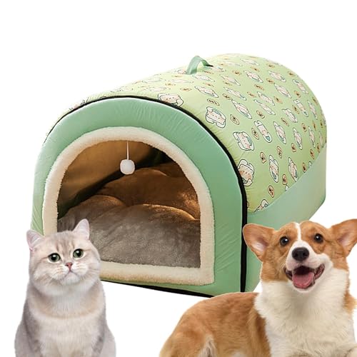 Hundehöhle, 2-in-1-Hundebett, abnehmbares, überdachtes Katzenbett mit Kugelanhänger, Katzenversteck, warme, waschbare, gemütliche Hundebetten für Hunde,S,Green von WITTYL