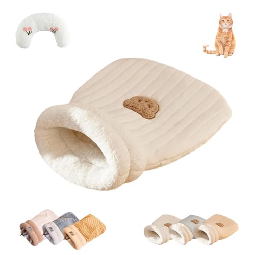 WIWIDANG Cat Sleeping Bag, Cat Sleeping Bag for Indoor Cats, Cat Winter Sleeping Bag, Cozy Warm Pet Sleeping Bag for Cats, Fluffy Tunnel Calming Cat Bed (Beige-A, Large) von WIWIDANG