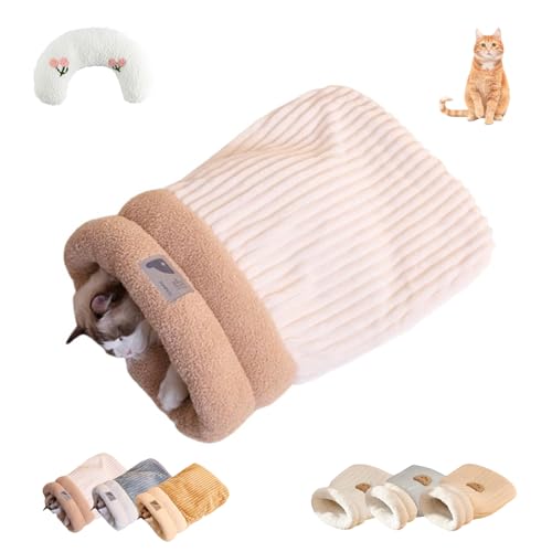 WIWIDANG Cat Sleeping Bag, Cat Sleeping Bag for Indoor Cats, Cat Winter Sleeping Bag, Cozy Warm Pet Sleeping Bag for Cats, Fluffy Tunnel Calming Cat Bed (Beige-B, Large) von WIWIDANG