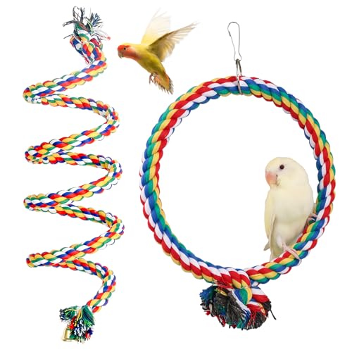 WIYETY 2 Stück Vogel Kletterseil: 150cm Papagei Bunte Spirale Baumwollseil, Durchmesser 18cm Papagei Spielzeug Kreis Ring Schaukel, Kletterseil für Wellensittiche, Nymphensittiche und Alle Vögel von WIYETY