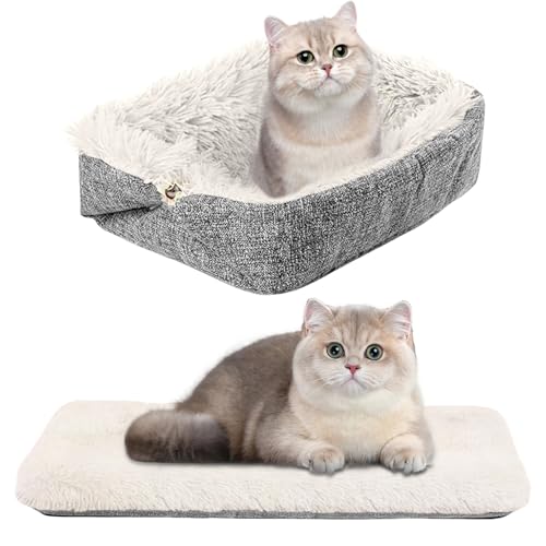 WIYETY 2 in 1 Katzenbett Flauschig Plüsch Weich Katzendecke für Katze, Waschbar Katzensofa Flauschige, Haustierbett Hundebett, für Katze und Kleine Hunde (Grau + Weißer Plüsch) von WIYETY