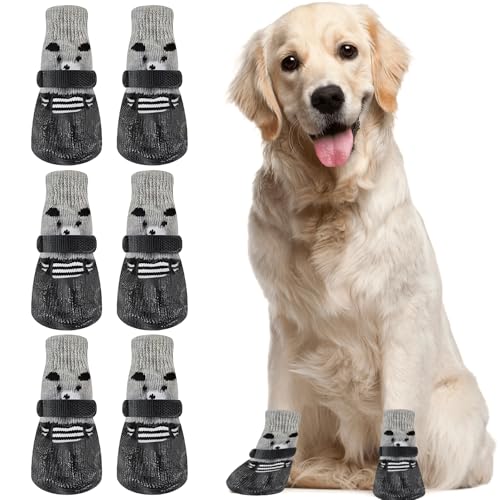 WIYETY 6 Stück HundesocKen Hundeschuhe Pfotenschutz, Hundesocken wasserdichte, Hundeschuhe rutschfeste mit Weiche Gummibänder, HundesocKen für drinnen und draußen geeignet (Schwarz, L) von WIYETY