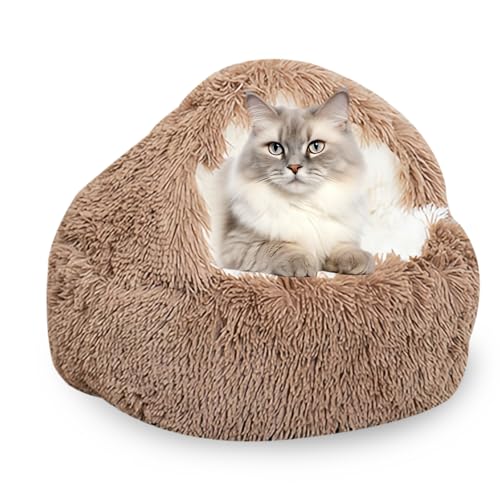 WIYETY Flauschiges Katzenbett, 40 cm rutschfest Katzenbett Flauschig, Rund Katzenhöhle, Haustierbett, Weiches Plüsch Höhle mit Kapuze, für Katzen und Kleine Hunde(Kaffeefarbe) von WIYETY