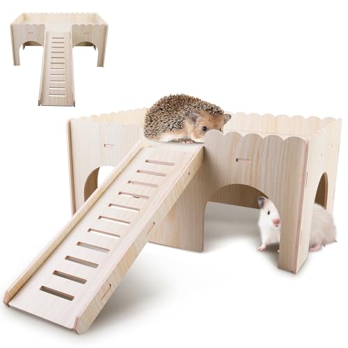 WIYETY Holz Meerschweinchen Bett, Groß Meerschweinchen Haus mit Rampe & Eingänge, Meerschweinchen Zubehoer, für Chinchilla, Hamster, Hase, Frettchen - 34 x 24 x 18 cm von WIYETY