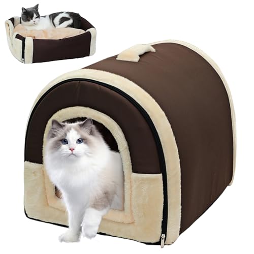 WIYETY Katzenhaus für Draußen Winterfest: Katzenhaus Outdoor, Katzenbett Höhle, Faltbares Katzenbett Outdoor für Kätzchen Kaninchen Meerschweinchen Tierheim Streuner Haustiere (Braun,37x32x30cm) von WIYETY