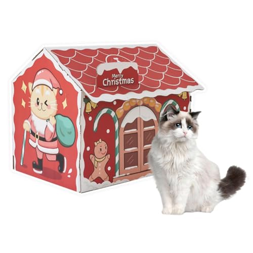 Weihnachtskatzenhaus Katzenhaus aus Karton Kratzhaus Weihnachten Weihnachten Katzenkratzhaus bissfest Katzen Spielunterschlupf Haus mit Katzenminze und 2 Fenstern zum Spielen von Katzen, 46 x 33 x 40 von WJnflQN