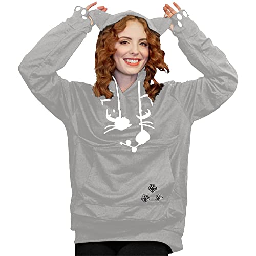 WKAYsIV Sweatjacke Ohne Fleece Lose Haustier Kapuzenpullover Katze Hunde Große Tasche Träger Sweatshirt Top Vintage(Grey,3XL) von WKAYsIV