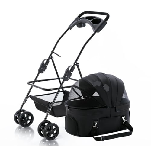 Kinderwagen für Haustiere Haustier-Kinderwagen, Kleiner Hunde- und Katzen-Kinderwagen, Abnehmbarer Riemen, Vierrad-Haustier-Kinderwagen, Outdoor-Haustier-Kinderwagen Hundekinderwagen(Black,L) von WLFKL