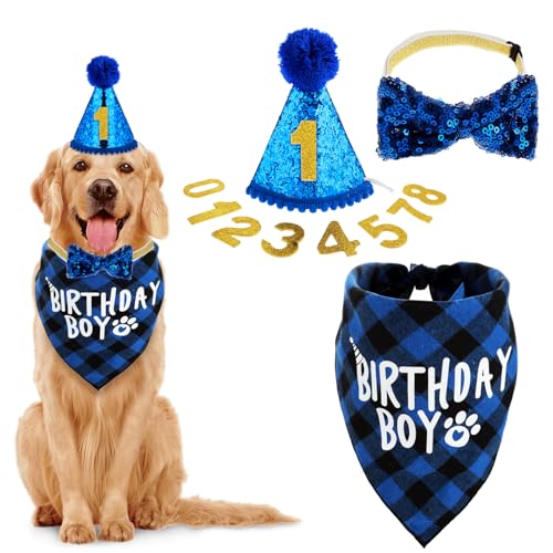 WLLHYF Hunde-Geburtstagsparty-Zubehör Geburtstagsjunge Hunde-Bandana-Set Geburtstagsmütze mit Zahlen Hunde-Fliege für kleine mittelgroße und große Hunde Haustiere (XL-Bandana) von WLLHYF