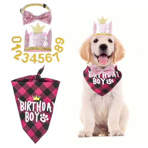 WLLHYF Hunde-Geburtstagsparty-Zubehör niedliches Hunde-Geburtstags-Bandana-Set mit niedlicher Hunde-Fliege Hunde-Geburtstags-Kronenhut mit Zahlen für kleine mittelgroße und große Hunde (Stil 3) von WLLHYF