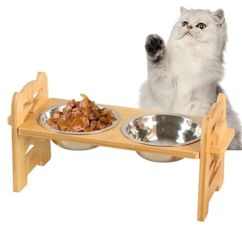 Erhöhter Futternapf for Katzen, Futternapf aus Edelstahl mit Holzständer. Erhöhte Futternäpfe for Katzen, rutschfeste Tierfutter- und Wassernäpfe für Katzennapf (Color : White) von WLTYSM