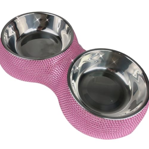 Haustier-Katzen- und Hundenapf, Funkelnde Kristall-Strasssteine, Edelstahl, doppelter Futternapf for Hunde und Katzen, Heimtierbedarf Katzennapf (Color : Pink) von WLTYSM