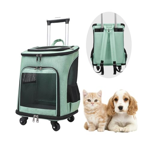Hunderucksack mit Trolley,Katzenrucksack Trolley Hund Katze bis 10kg Leichte Hundewagen Transportbox für Welpen Haustiere (Grün) von WMLBK