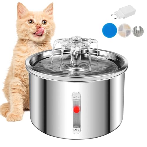 Trinkbrunnen für Katze,2L Edelstahl Katzenbrunnen Automatische Wasserbrunnen für Katzen Ultraleiser Wasserhahn-Design Katzentrinkbrunnen Spülmaschinenfest mit Filter von WMLBK