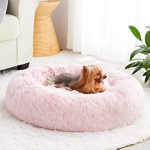 WNPETHOME Beruhigendes Hundebett Katzenbett Donut, Kunstfell Haustierbett Selbstwärmende Donut Kuschel, bequeme runde Plüsch-Hundebetten (76,2 x 76,2 x 25,4 cm, Hellrosa) von WNPETHOME