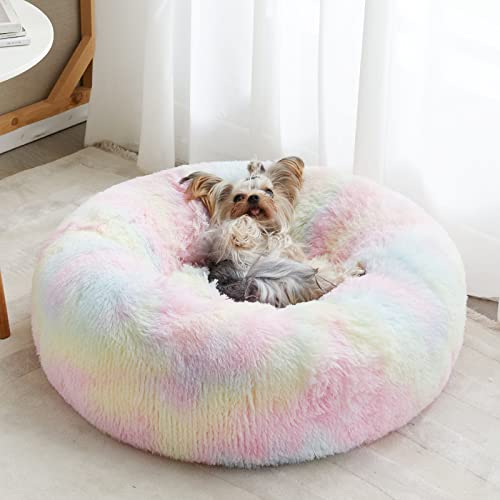 WNPETHOME Beruhigendes Hundebett & Katzenbett, Anti-Angst Donut Kleines Hundebett, Flauschiges Kunstfell Katzenkissen Hundebett für kleine Hunde und Katzen (61 x 61 x 20 cm, Regenbogen) von WNPETHOME