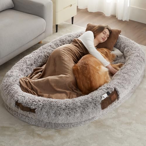 WNPETHOME Hundebett für Erwachsene, 180,3 x 116,8 cm, beruhigendes Hundebett in menschlicher Größe, mit flauschiger Decke und Kissen, waschbares Plüsch-Hundebett für Familien und Haustiere, Hellkaffee von WNPETHOME