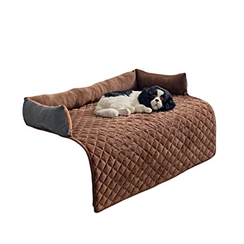 WOLFMTN Premium Seidig Samt Haustier Schlafsofa Rutschfest Wasserdicht Waschbar Couchschutz mit 3 Seiten Nackenrolle Kissen Möbelschutz Haustier Abdeckung für Hunde und Katzen Braun XL von WOLFMTN