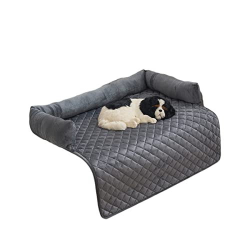 WOLFMTN Premium Seidig Samt Haustier Schlafsofa Rutschfest Wasserdicht Waschbar Couchschutz mit 3 Seiten Nackenrolle Kissen Möbelschutz Haustier Abdeckung für Hunde und Katzen Dunkelgrau XL von WOLFMTN