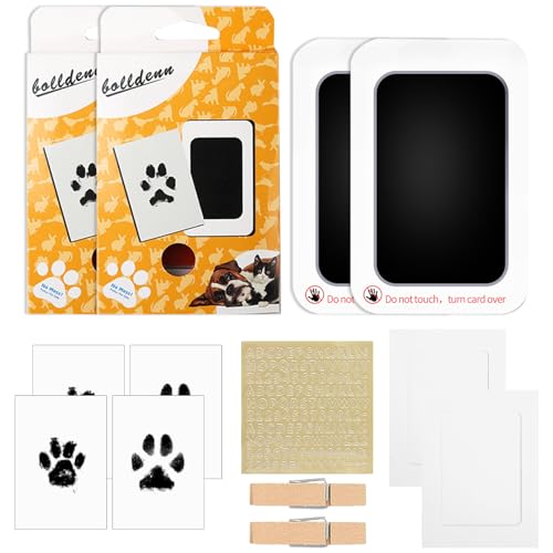 Pfotenabdruck Set Hund Katze, 2 Kits Haustier Fussabdruck Sets mit 2 Stempelkissen, 4 Abdruckkarten, 2 Fotorahmen, 1 Aufkleberbogen, 2 Klammern, Baby Handabdruck und Fußabdruck für Haustiere Besitzer von WOLMIK