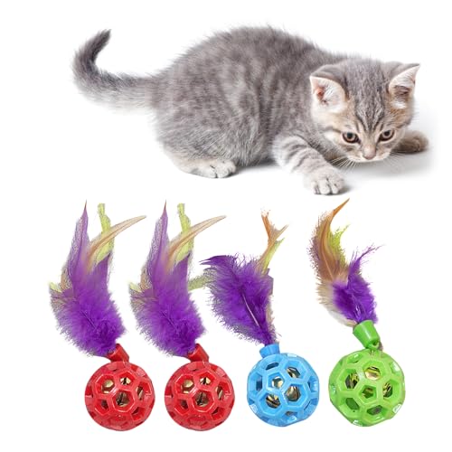 WOLMIK 4 Stück Katze Kaukugel Spielzeug, Bunte Katze Bell Ball Spielzeug mit Federn, Gummi Jingle Bell Katze kauen Training Spielzeug, weiche Kaukugeln für Kätzchen, Haustier Indoor Spielzeug von WOLMIK