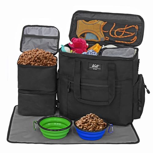 WOLT Hunde-Reisetasche-Set für Hundetragetasche und Reisen, inklusive 2 Futterbehälter, 1 zusammenklappbare Näpfe, Tischset, Fluggesellschaften zugelassener Organizer für Haustierbedarf, Camping, von WOLT