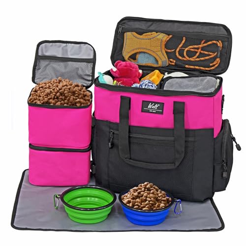 WOLT Haustier-Reisetaschen-Set für Hundetrage und Reisen, inklusive 2 Futterbehältern + 2 zusammenklappbare Näpfe + 1 Platzset, von Fluggesellschaften zugelassener Organizer für Haustierbedarf, von WOLT