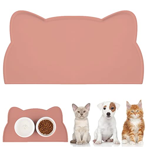 WOMLEX Napfunterlage Hund Katzen, Hundenapf Unterlage Katzennapf Unterlage aus Silikon, Hunde Katzen Futtermatte wasserdichte und rutschfeste Katzenkopfform (Rosa, 44x25cm) von WOMLEX