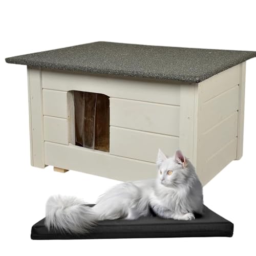 WOODOK Katzenset – Katzenhaus aus Holz mit Isolierung + Waschbare Katzenmatte – Komfortabler Rückzugsort für drinnen und draußen – Perfekt für Zuhause, Garten & Reisen - 54x39x34 cm - Asche von WOODOK