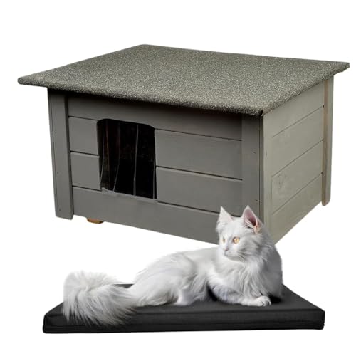 WOODOK Katzenset – Katzenhaus aus Holz mit Isolierung + Waschbare Katzenmatte – Komfortabler Rückzugsort für drinnen und draußen – Perfekt für Zuhause, Garten & Reisen - 54x39x34 cm - Grau von WOODOK