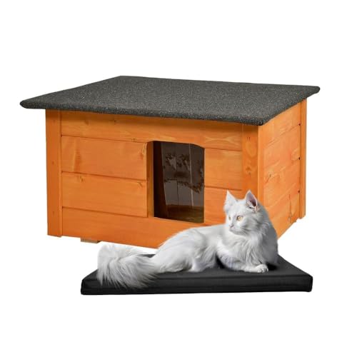 WOODOK Katzenset – Katzenhaus aus Holz mit Isolierung + Waschbare Katzenmatte – Komfortabler Rückzugsort für drinnen und draußen – Perfekt für Zuhause, Garten & Reisen - 54x39x34 cm von WOODOK