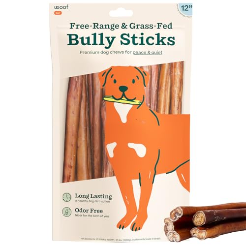 WOOF Bully Sticks Hundeleckerlis – Kaustäbchen für Hunde – langlebige Kau-Leckerlis für Hunde – Hundeprodukte aus Freilandhaltung, Grasfutter Rindfleisch – 30,5 cm Stäbchen – 25 Stück von WOOF