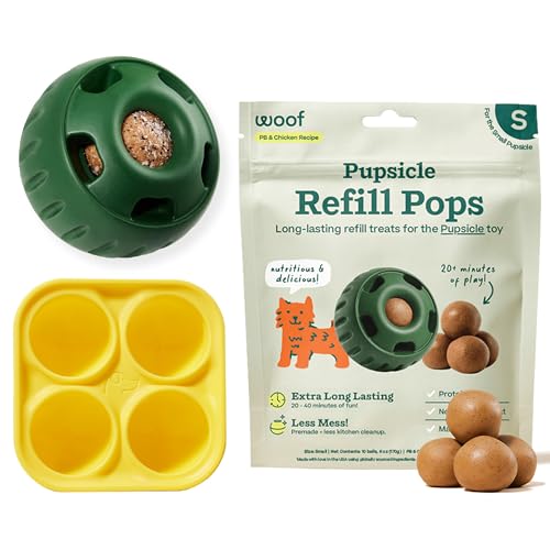 WOOF Starter-Pack – Pupsicle, Leckerli-Tablett und Pupsicle Nachfüllpackung Pops Huhn – befüllbarer Hunde-Leckerliball, Silikonformen für Hundeleckerlis und vorgefertigte Nachfüll-Leckerlis – für von WOOF