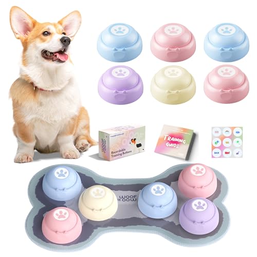 WOOFOOW Dog Buttons Talk, Recordable Dog Training Buttons for Communication, Wireless Dog Door Bells to Go Outside Potty Bells for Dogs, with Training Manual, Designer Mat and Stickers, 6 Buttons von WOOFOOW