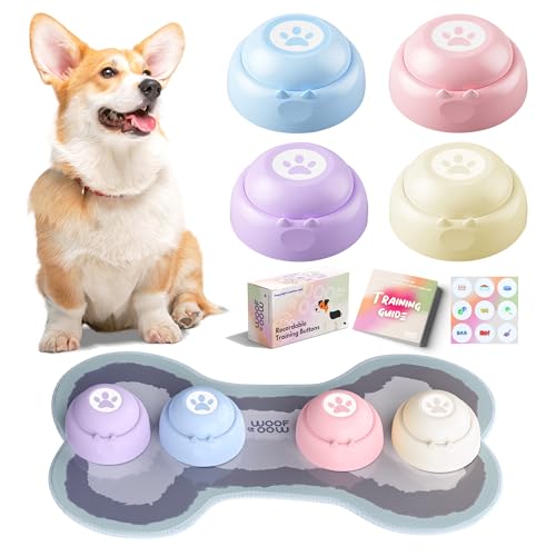 WOOFOOW Dog Buttons Talk, beschreibbare Hundetrainingstasten für Kommunikation, Sprechtasten für Hunde und Katzen, Welpen-Starterset, mit Trainingshandbuch, Designermatte und Aufklebern, 4 Tasten von WOOFOOW