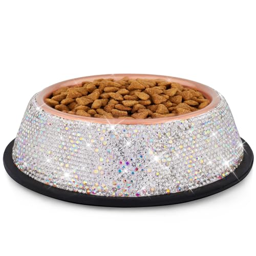 WOOFUU Glitzernder Futternapf aus Edelstahl mit Strasssteinen in Roségold, stilvolle und praktische Diamant-Futter-/Wasserschalen für kleine Hunde und Katzen von WOOFUU