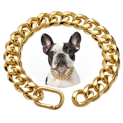 WOOFUU Strapazierfähiges, dickes kubanisches Gliederhalsband, 19 mm, goldfarben, für kleine Hunde, 55,9 cm lang von WOOFUU