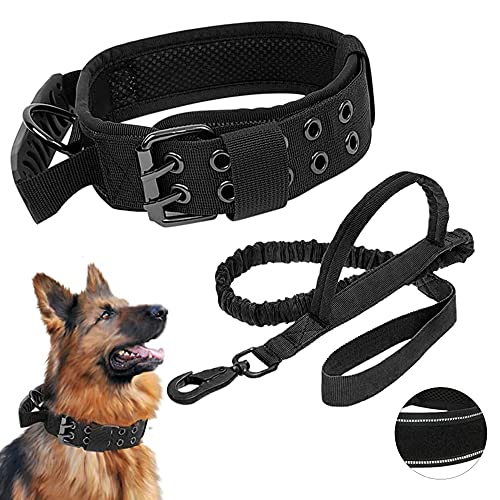 WOOLUCK Halsband Taktisches Hundehalsband mit Griff, Reflektierendes Verstellbare Hundehalsband mit Robuste Metallschnalle, Militär Hundehalsband und Leine Set, für Mittlere Große Hunde,L von WOOLUCK