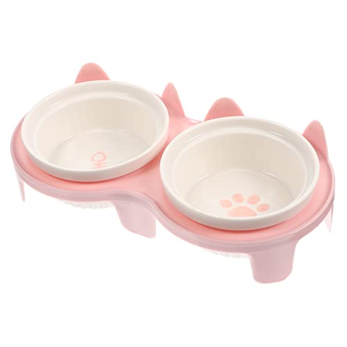 WOONEKY 1 Satz Doppelschüssel aus Keramik für Katzen Boden katzennapf erhöhte Hundenäpfe pet Bowl katzenspielzeug katzenminze Katzennäpfe Anti-Rutsch-Katzennapf Katzennapf aus Keramik Rosa von WOONEKY