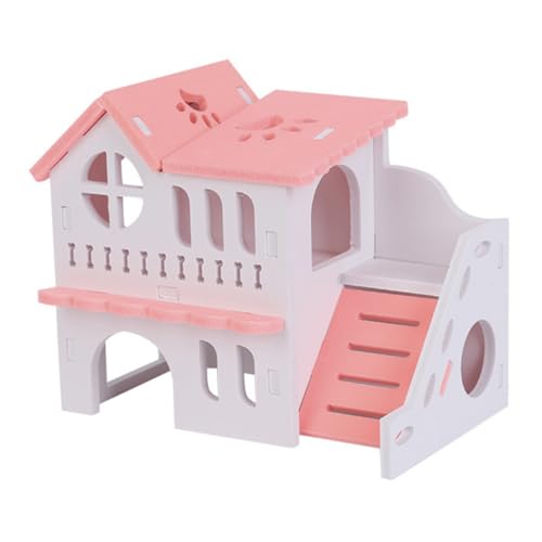 WOONEKY Doppel Hamster Villa Hamstertunnel Einstreu Für Hamster Hamstersand Kauspielzeug Hamsterhausbett Rattenschloss Hamsterhäuser u Hamster-Spielzeug Spielzeug Für Hasen Hölzern Rosa von WOONEKY